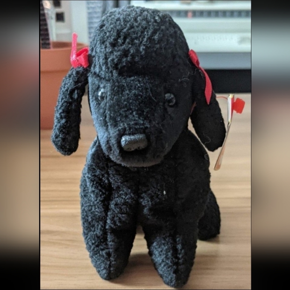 Ty Black Plush Puppy with Red Ribbon Accents